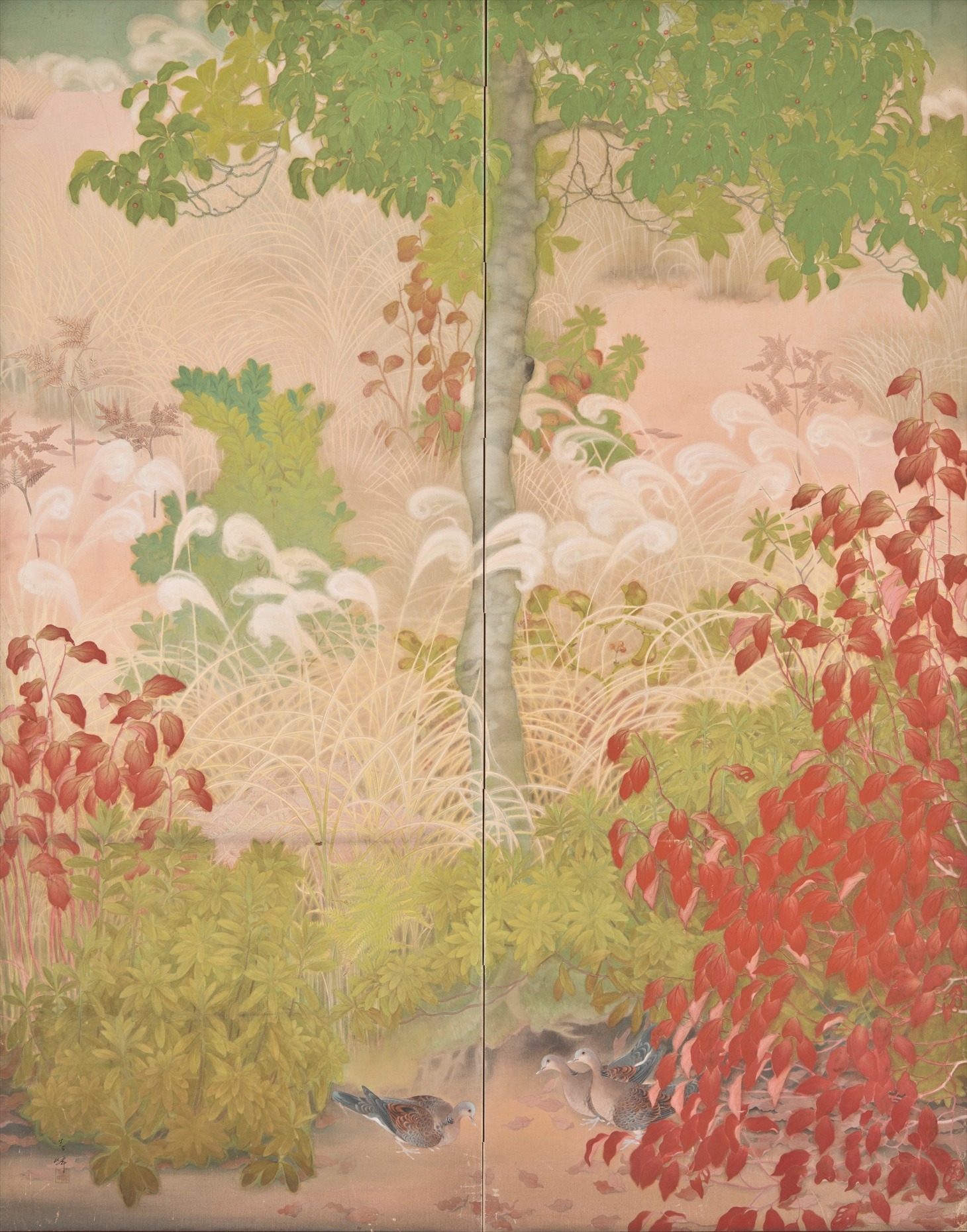 B-2385【真作】阿部春峰 肉筆絹本淡彩 花鳥図 額装／日本画家 福岡 師